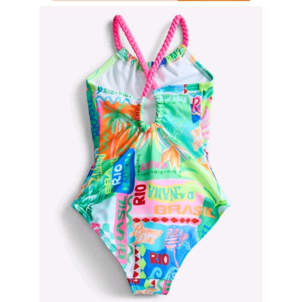 Wonder nation Girls Cross-Back Strap Print Swim One-piece, size S Jetsetter pink